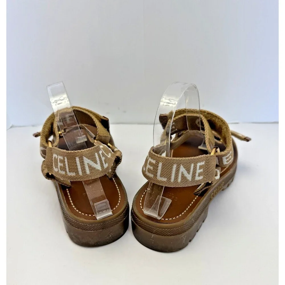 CELINE Paris Leo Wool Jacquard Strappy Sandals Light Beige/White Sz 37 MSRP $850